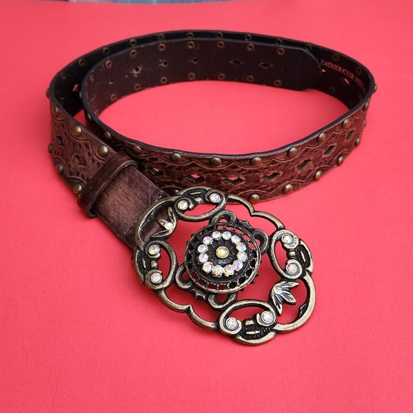 Aldo Genuine Leather Studded Belt With Beautiful Brass Buckle Size S - Picture 2 of 9